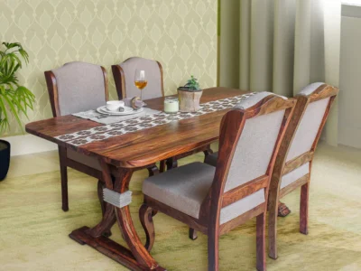 Dining Table Traditional Set with Four Handcrafted Wooden Chairs and Table