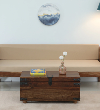 Perfect size Sheesham wood trunk-style coffee table for living room by Sarve Furniture