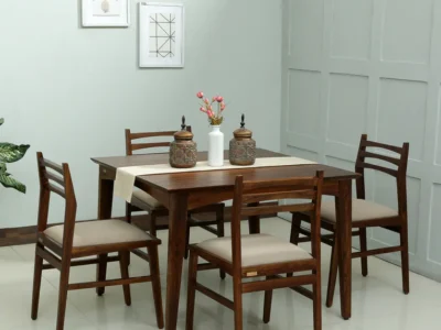 Wooden Home Dining Set with Upholstered Cushions and Dual Tone Wooden Table