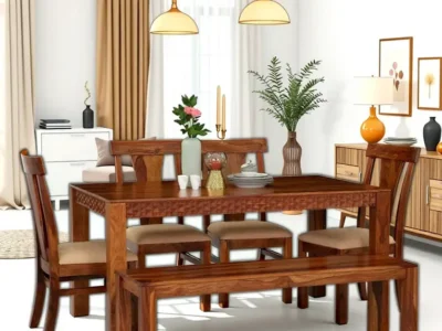 Wooden Dining Set 6 Seater with Fabric Upholstery and Sleek