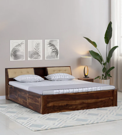 Cuddle Sheesham Wood King Size Bed with Box Storage in Natural Finish