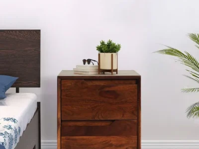 Functional Wooden Bedside Table with Polished Wood Surface and Storage Drawer Option