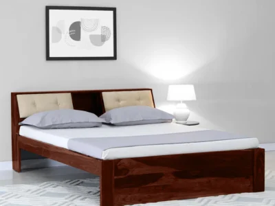 Coastal Sheesham wood bed with headboard storage by Sarve Furniture – stylish wooden bed with storage space
