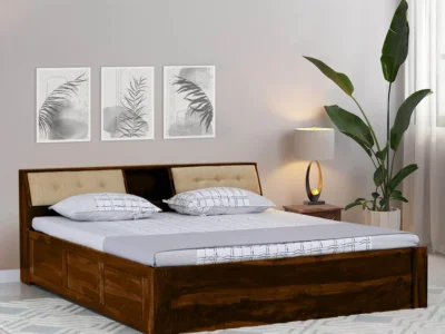 Haven Sheesham Wood King Size Bed with Box Storage in Natural Finish