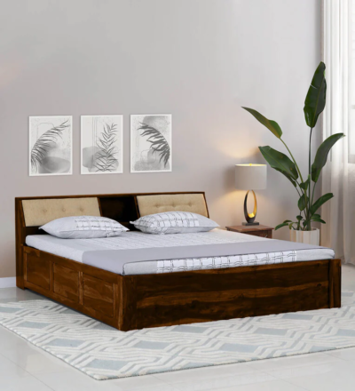 Haven Sheesham Wood King Size Bed with Box Storage in Natural Finish