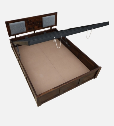 Teak Sheesham Wood Bed with Hydraulic Storage and Slatted Headboard Design - Image 4