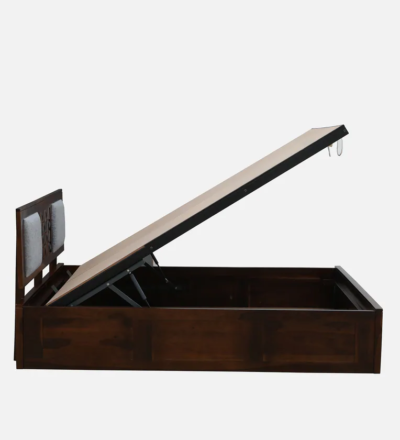 Teak Sheesham Wood Bed with Hydraulic Storage and Slatted Headboard Design - Image 6