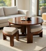 Heritage smart solid sheesham wood coffee table with hidden seating stools for living room