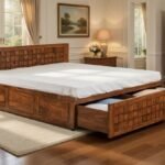 Premium Shahi Palace solid wood king size bed featuring an elegant high headboard and functional integrated storage drawers for a luxury bedroom.