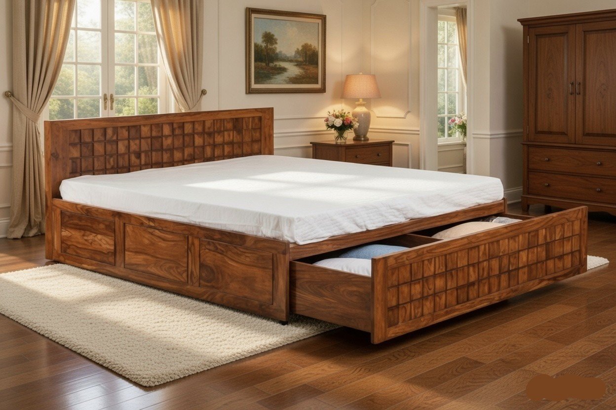 Shahi-Palace-Solid-Wood-King-Size-Bed-Storage-Drawers Premium Shahi Palace solid wood king size bed featuring an elegant high headboard and functional integrated storage drawers for a luxury bedroom.