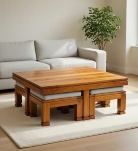 Shahi Smart Solid Sheesham Wood Coffee Table with 4 Hidden Stools - Image 15