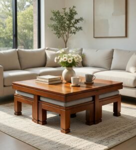 Shahi Smart Solid Sheesham Wood Coffee Table with 4 Hidden Cushioned Stools for Living Room
