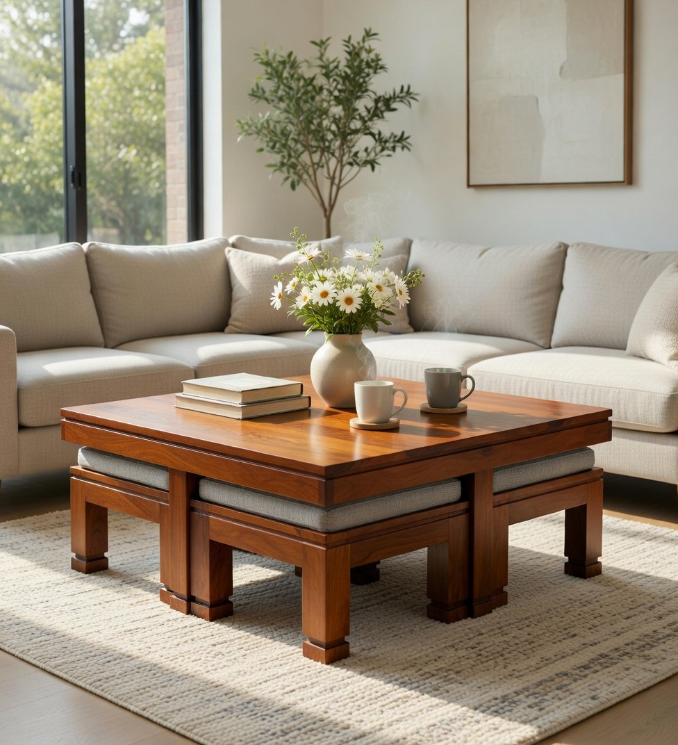 Buy Shahi Smart Solid Sheesham Wood Coffee Table Online | Sarve Furniture Shahi Smart Solid Sheesham Wood Coffee Table with 4 Hidden Cushioned Stools for Living Room