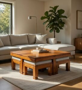Shahi Smart Solid Sheesham Wood Coffee Table with 4 Hidden Stools - Image 13