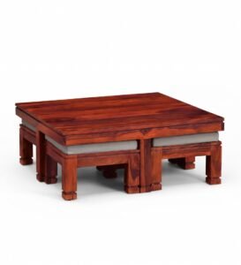 Shahi Smart Solid Sheesham Wood Coffee Table with 4 Hidden Stools - Image 3