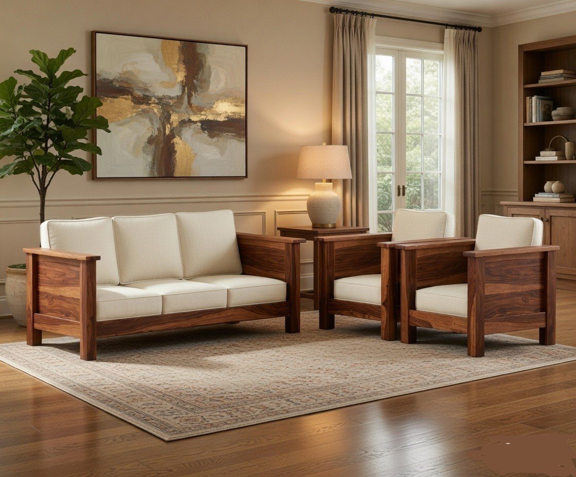 Solid Sheesham Wood Luxury 5 Seater Sofa Set Royale Solid Sheesham Wood Modern Comfort Sofa Set with Modern Finish for Living Room - Image 1
