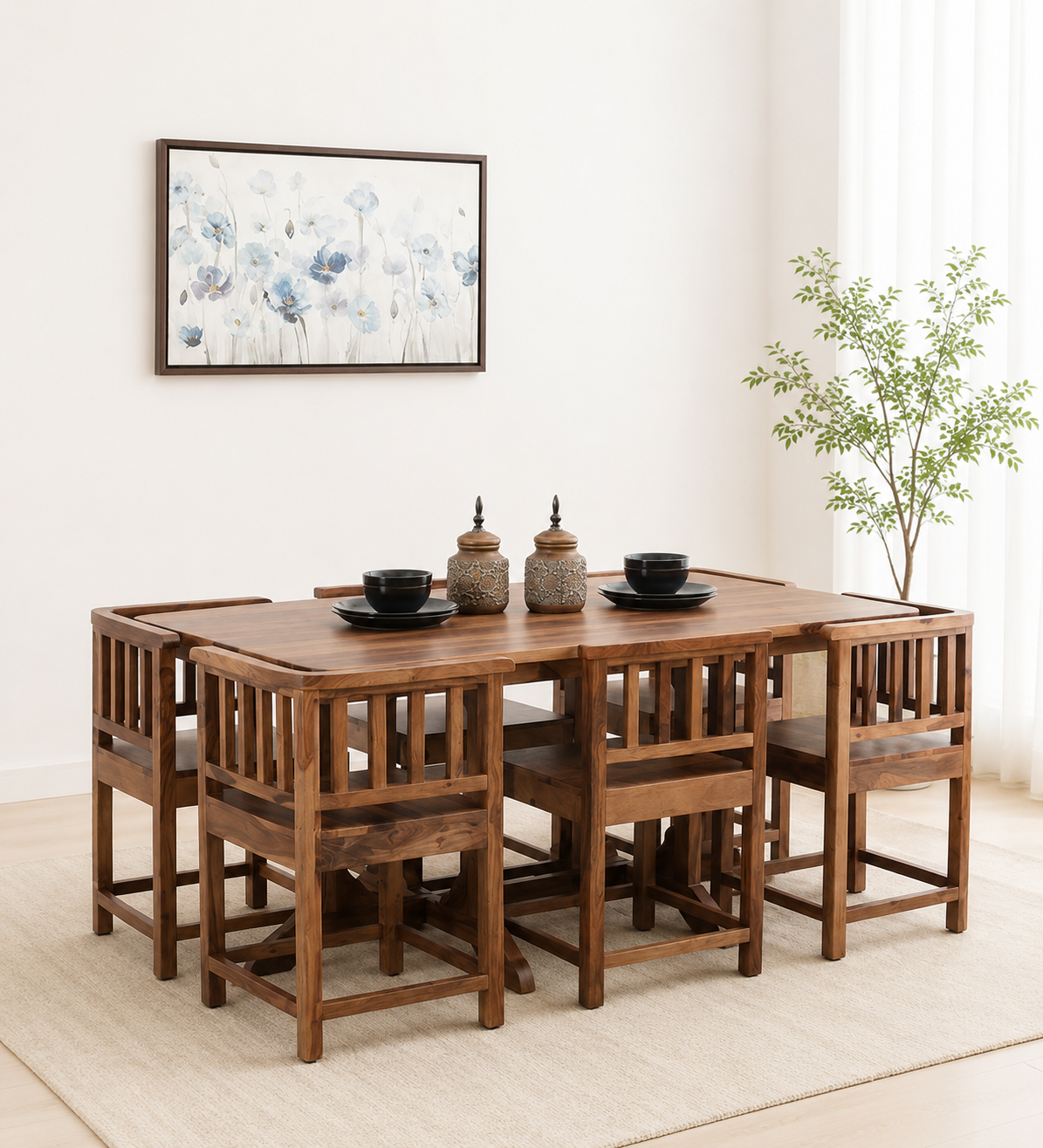Aurevyn Solid Wood 6 Seater Dining Table Set (1) Aurevyn Solid Wood 6 Seater Dining Table Set - Image 1