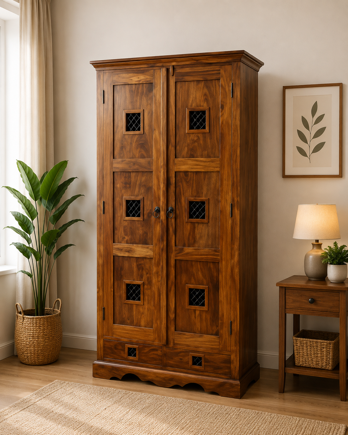 Lindenwood Sheesham Wood Wardrobe in Premium Natural Finish (1) Lindenwood Sheesham Wood Wardrobe in Premium Natural Finish - Image 1