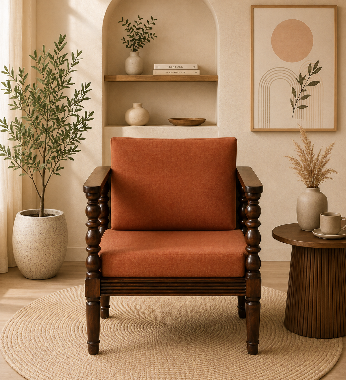 Roviera Solid Wood 1 Seater Sofa with Elegant Fabric Upholstered Backrest (1) Roviera Solid Wood 1 Seater Sofa with Elegant Fabric Upholstered Backrest - Image 1
