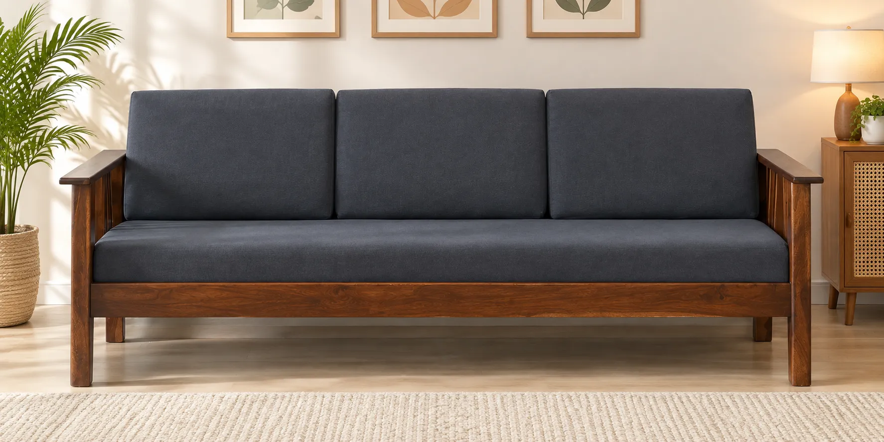 Anaya Solid Wood 3 Seater Sofa in Natural Tone with Premium Upholstery (2) Anaya Solid Wood 3 Seater Sofa in Natural Tone with Premium Upholstery - Image 1