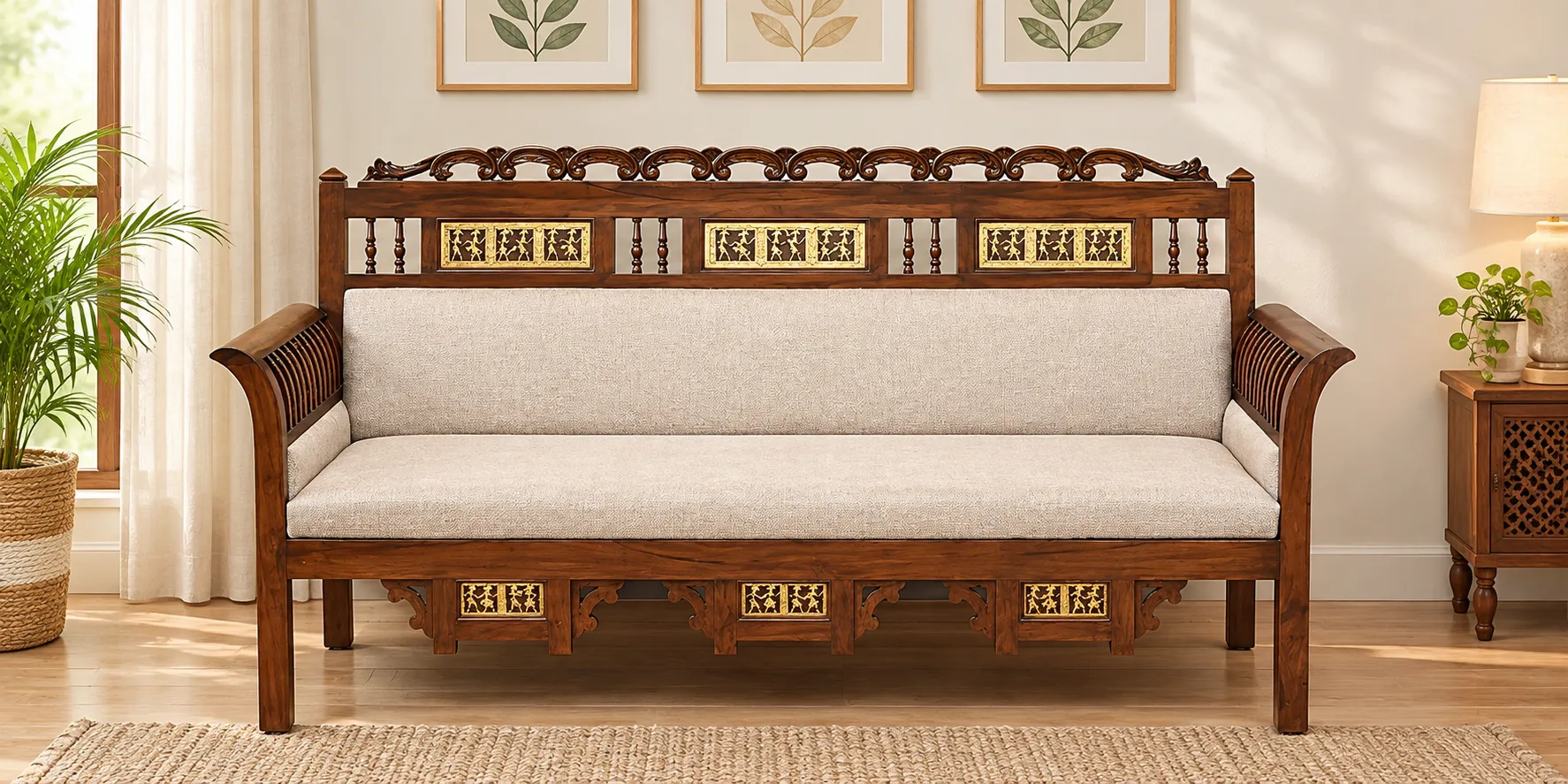 Bergen Sheesham Wood 3 Seater Sofa in Natural Finish with Armrest (2) Bergen Sheesham Wood 3 Seater Sofa in Natural Finish with Armrest - Image 1