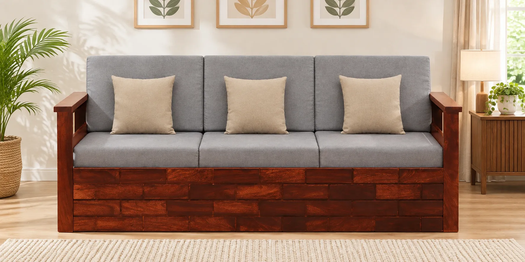 Devika Natural Finish 3 Seater Wooden Sofa with Elegant Carved Detailing (2) Devika Natural Finish 3 Seater Wooden Sofa with Elegant Carved Detailing - Image 1