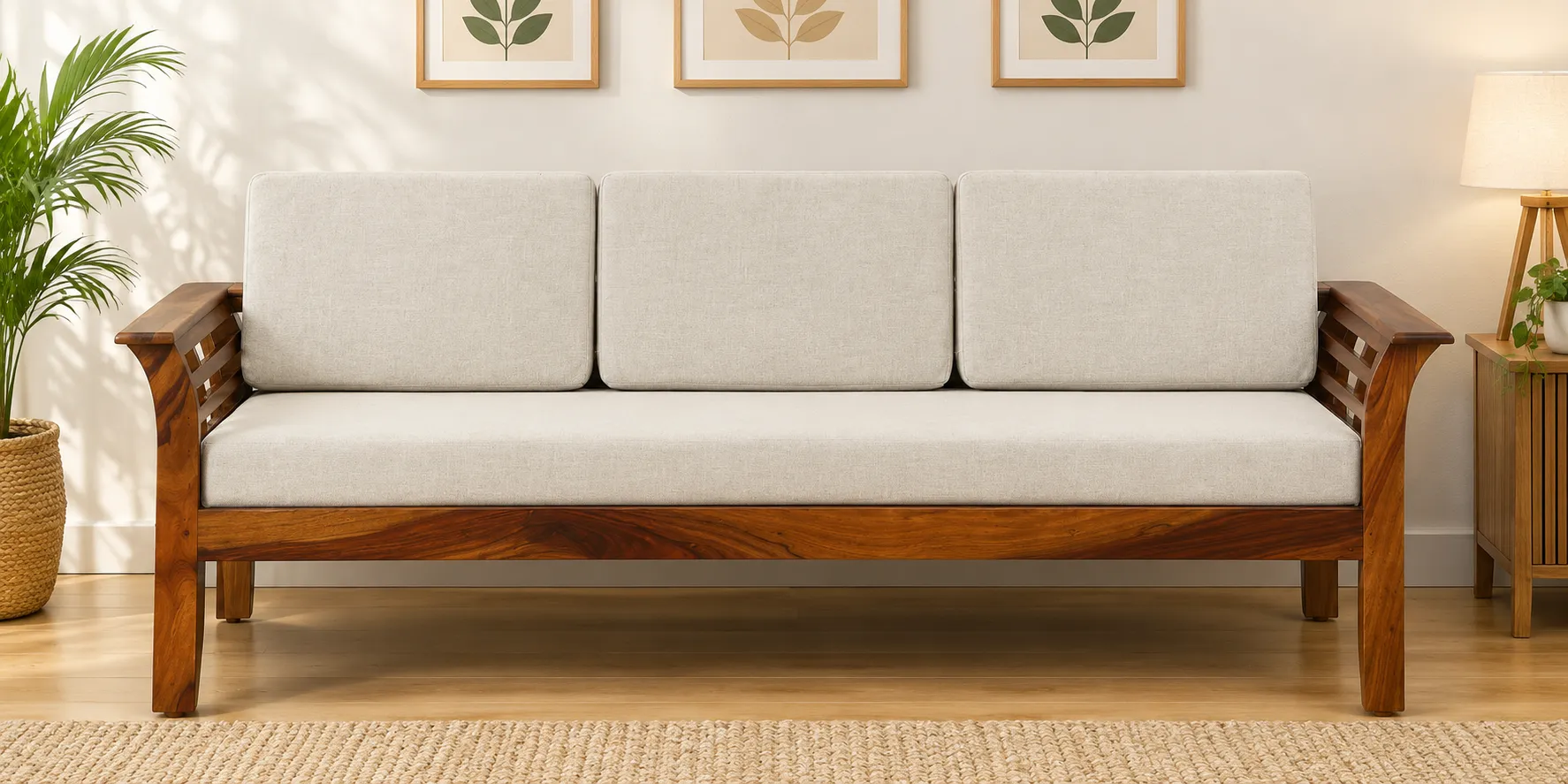 Kasva Solid Wood 3 Seater Sofa in Natural Finish with Sturdy Wooden Frame (3) Kasva Solid Wood 3 Seater Sofa in Natural Finish with Sturdy Wooden Frame - Image 1
