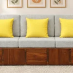 Natural Finish Solid Sheesham Wood 3 Seater Sofa with Comfortable Cushions