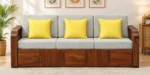 Natural Finish Solid Sheesham Wood 3 Seater Sofa with Comfortable Cushions