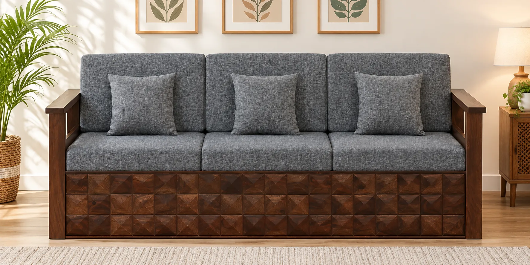 Ojas Solid Sheesham 3 Seater Sofa in Natural Polish with Soft Cushions (3) Ojas Solid Sheesham 3 Seater Sofa in Natural Polish with Soft Cushions - Image 1