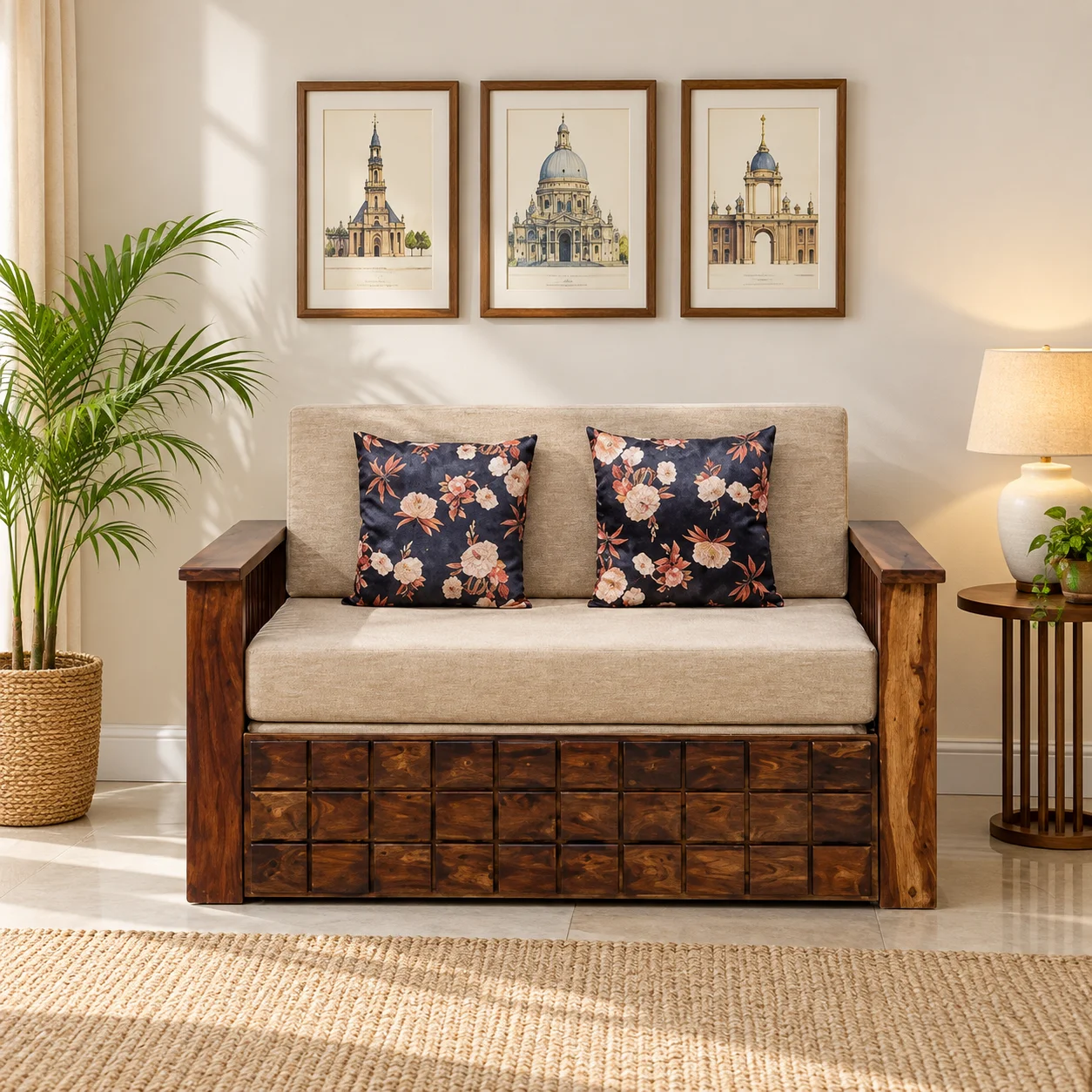 Samarth Solid Sheesham Wood Contemporary Wooden Sofa Cum Bed with Comfort Seating (1) Samarth Solid Sheesham Wood Contemporary Wooden Sofa Cum Bed with Comfort Seating - Image 1