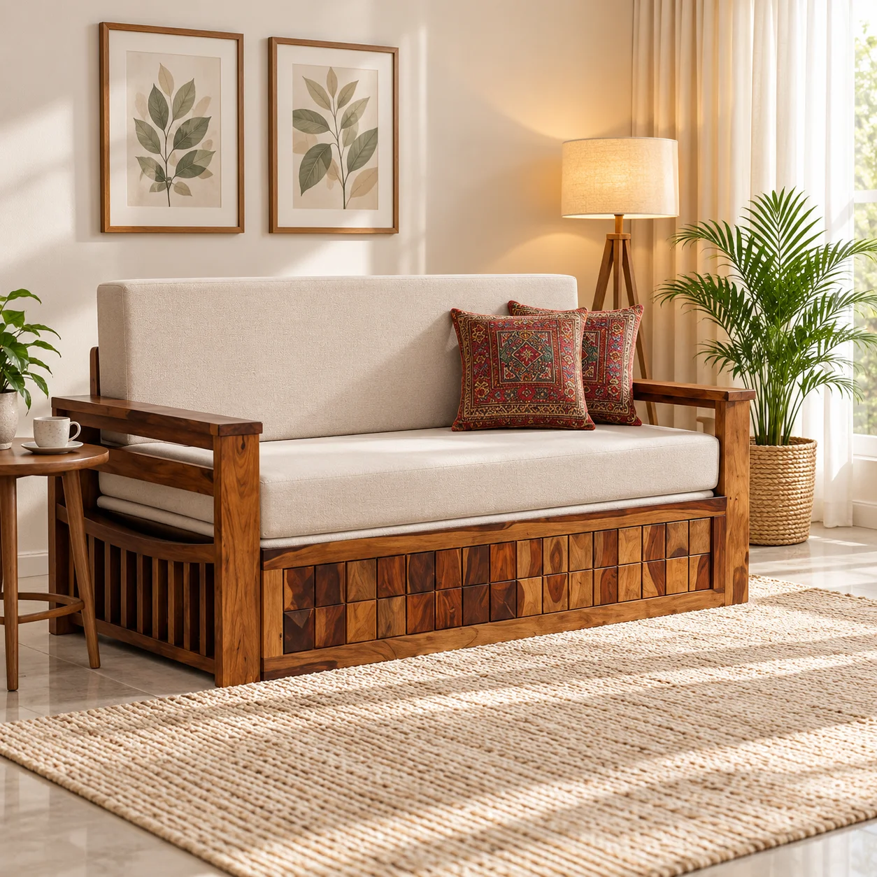Yashvi Solid Sheesham Wood Natural Finish Wooden Convertible Sofa Cum Bed for Home (1) Yashvi Solid Sheesham Wood Natural Finish Wooden Convertible Sofa Cum Bed for Home - Image 1