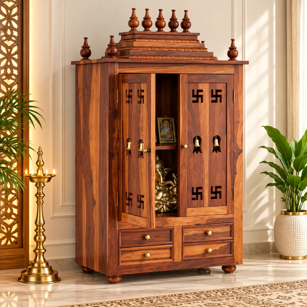 content (8) Vedika Solid Sheesham Wood Designer Home Temple with Storage - Image 1
