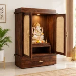 Ekansh Wooden Pooja Unit with Decorative Back Panel