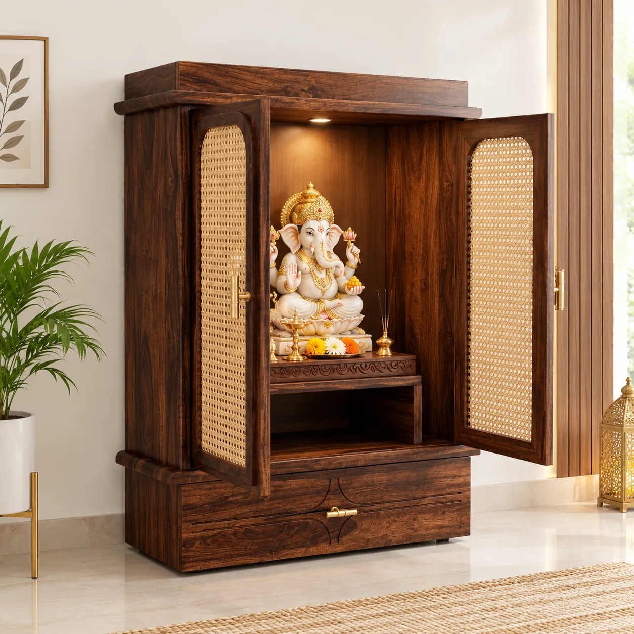 Ekansh Wooden Pooja Unit with Decorative Back Panel (1) Ekansh Wooden Pooja Unit with Decorative Back Panel - Image 1
